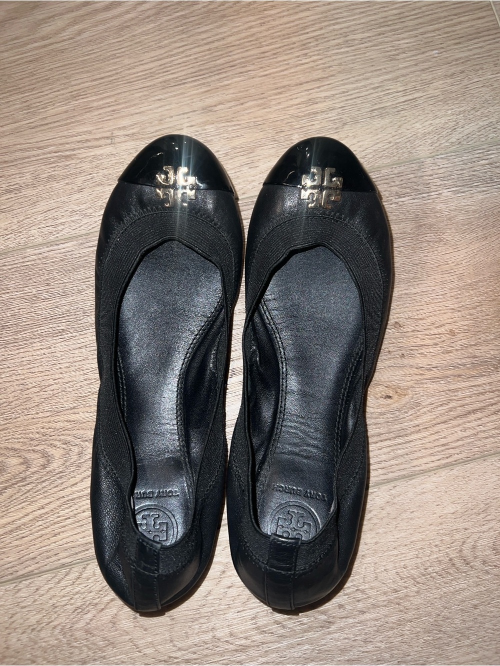 Tory Burch Black Leather Cap-Toe Logo Ballet Flats
